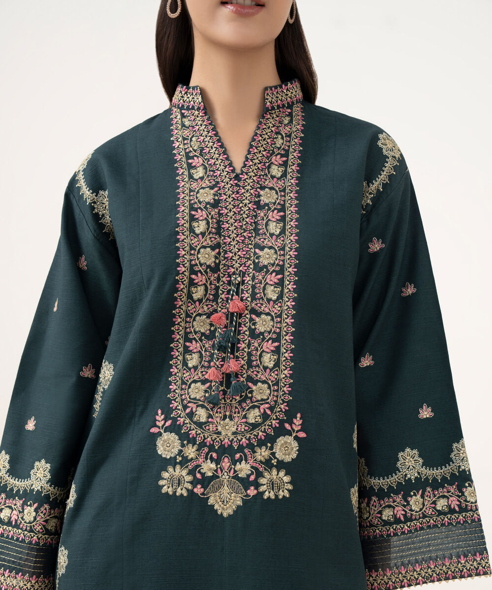 Women's Unstitched Light Khaddar Embroidered Green 3 Piece Suit