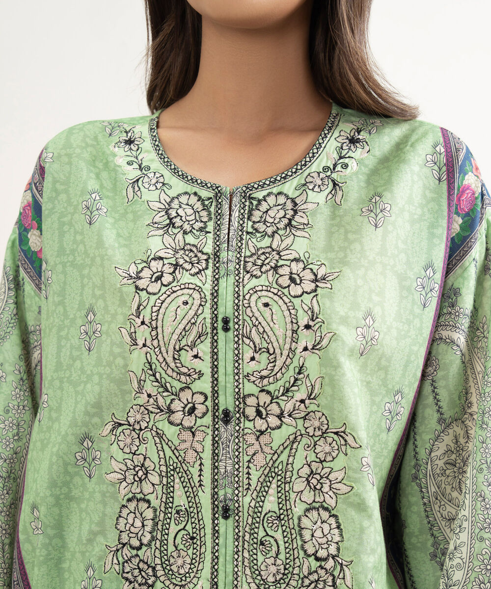 Women's RTW Zari Cotton Embroidered Green Drop Shoulder Shirt
