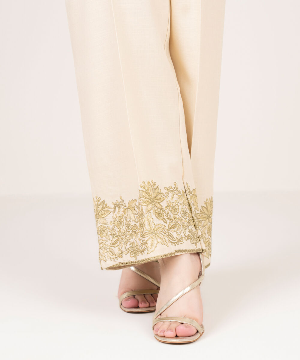 Women's RTW Cotton Viscose Embroidered Off White Culottes