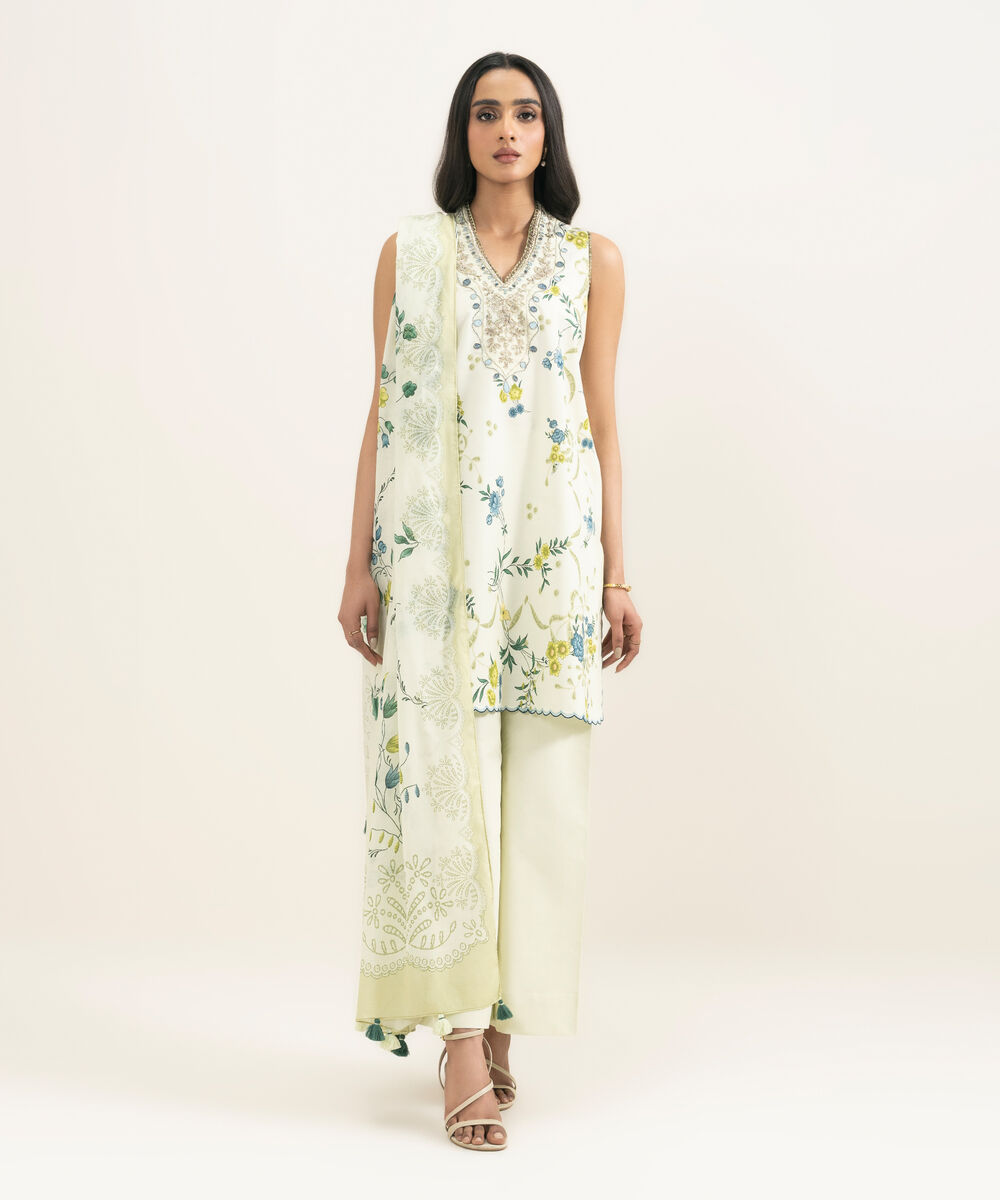 Women's Unstitched Lawn Embroidered Off White  3 Piece Suit