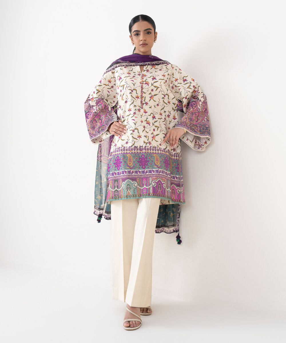 Women's Unstitched Cotton Viscose Printed Multi 3 Piece Suit