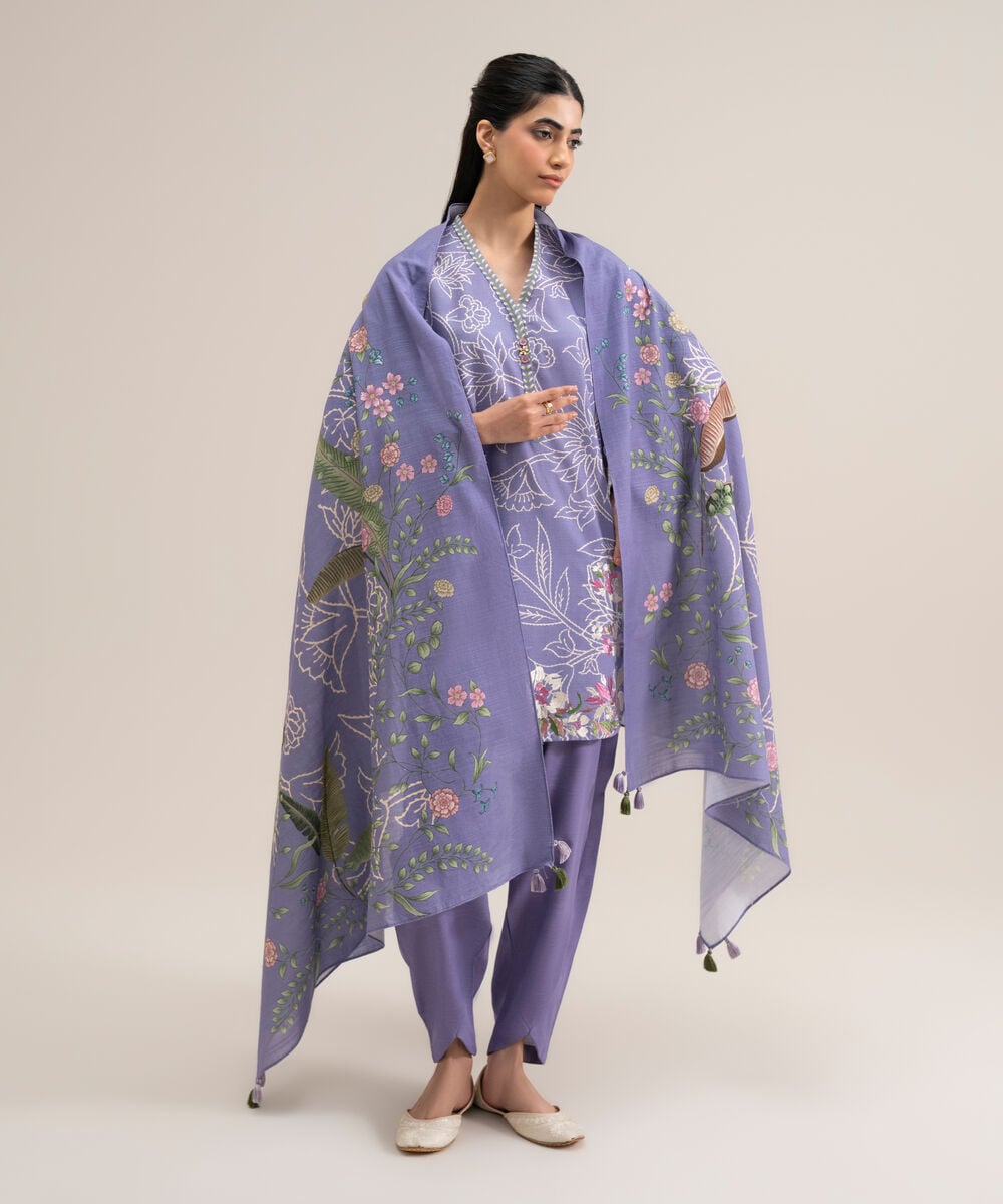 Women's Unstitched Lawn Embroidered Lilac 3 Piece Suit