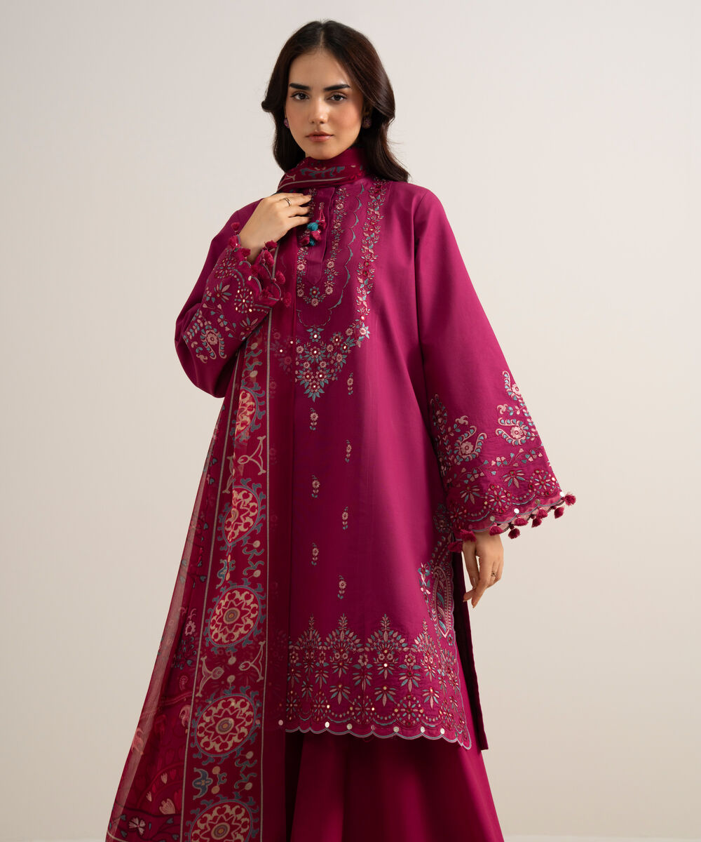 Women's Unstitched Embroidered Cotton Viscose Plum 3 Piece Suit