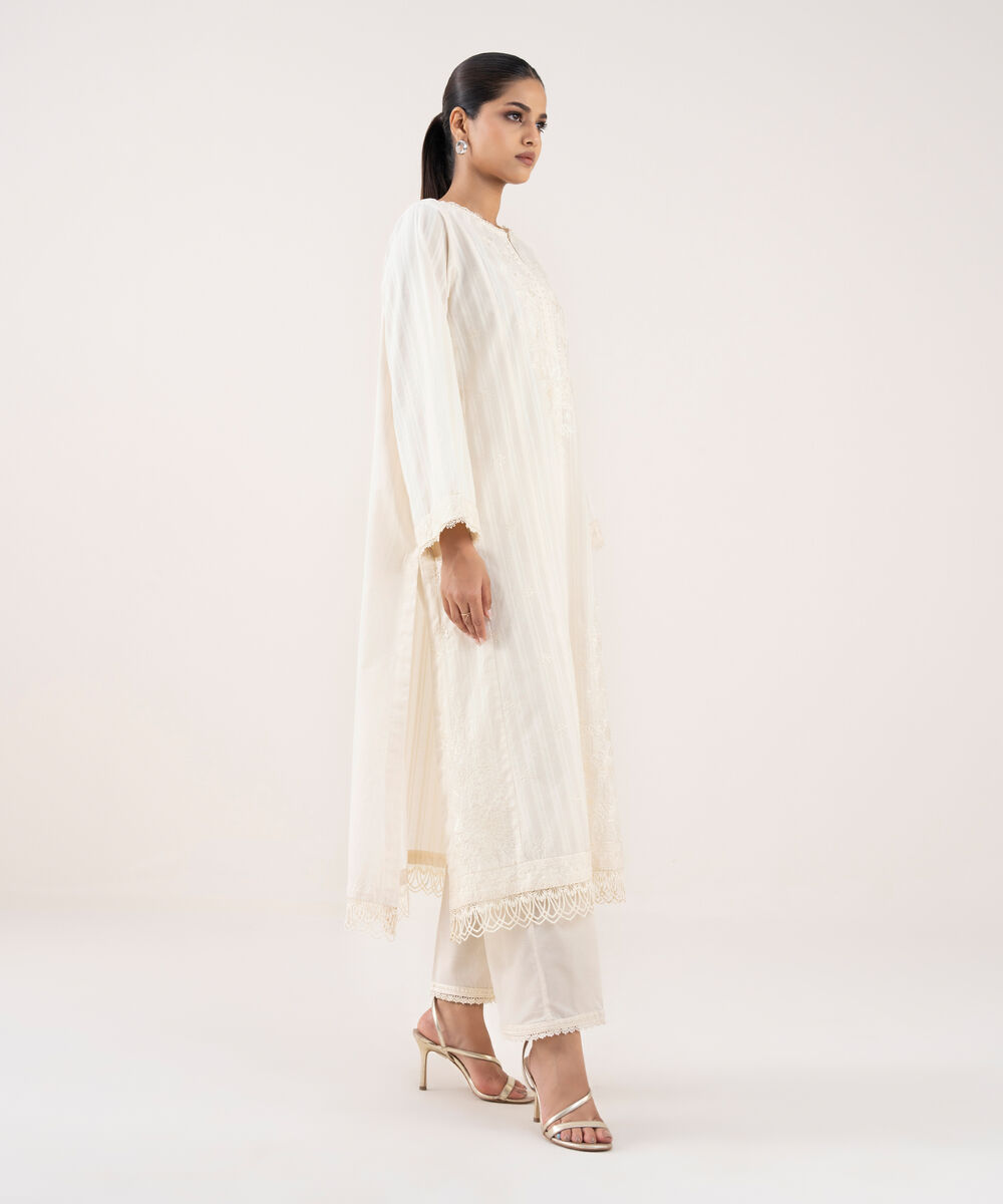 Women's RTW Textured Lawn Off White Embroidered A-Line Shirt
