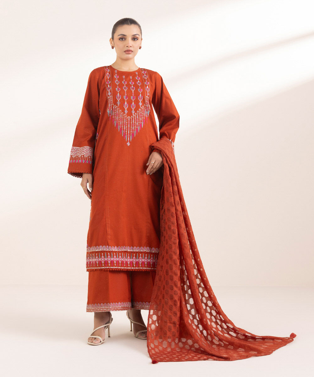 Women's Pret Multineps Orange Embroidered A-Line Shirt