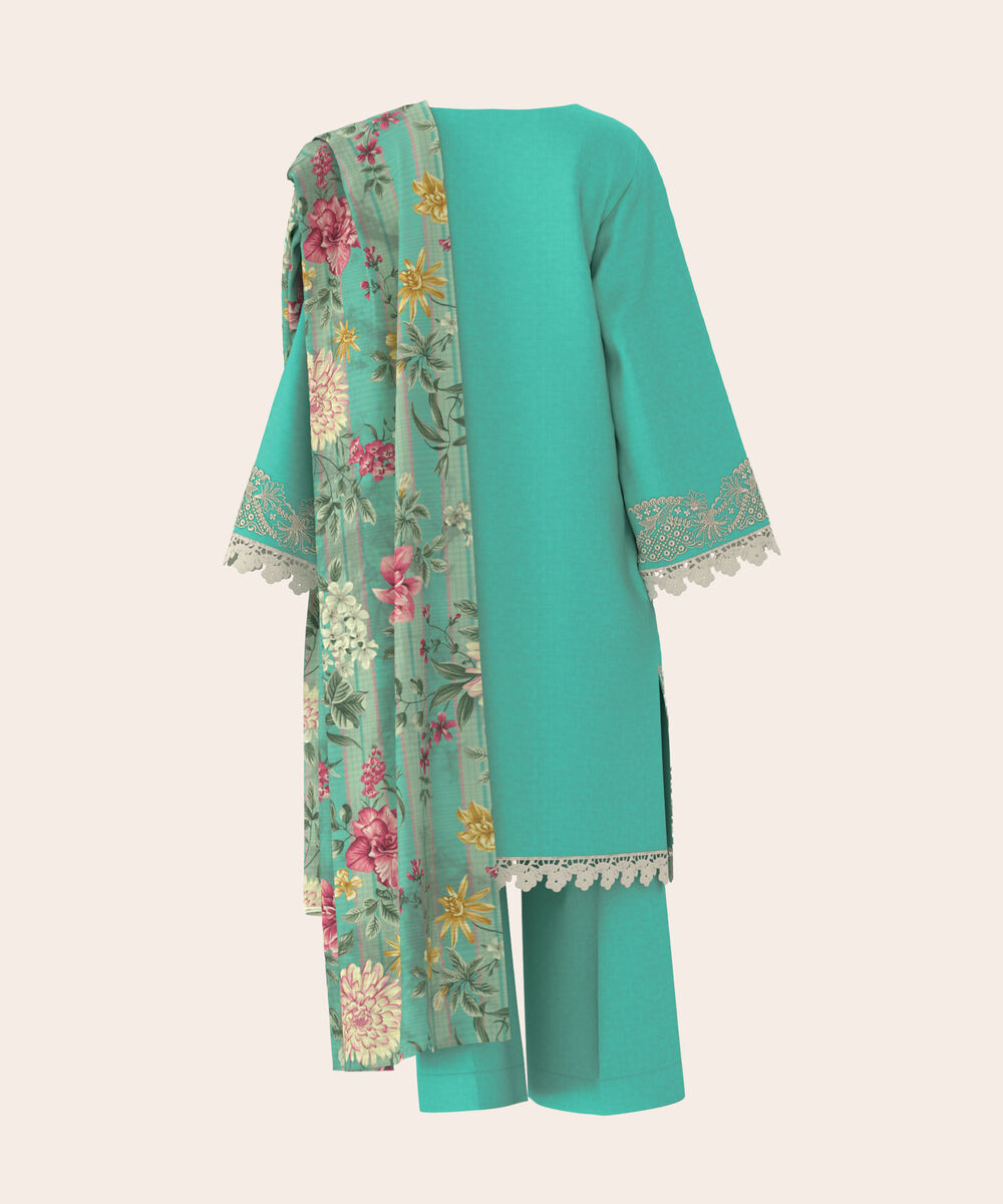Women's Unstitched Self Jacquard Sea Green  Embroidered 3 Piece Suit