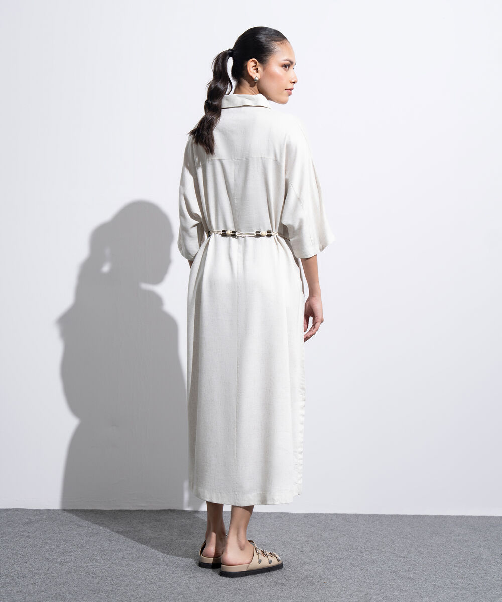Women's Western Off-white Linen Dress With Crochet Belt