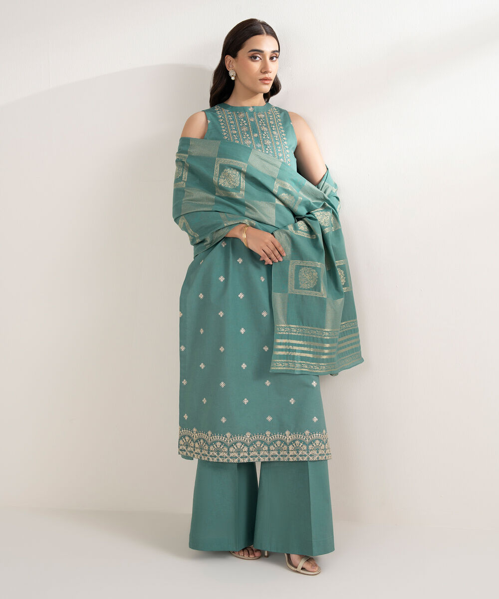 Women's Unstitched Cotton Embroidered Green 3 Piece Suit
