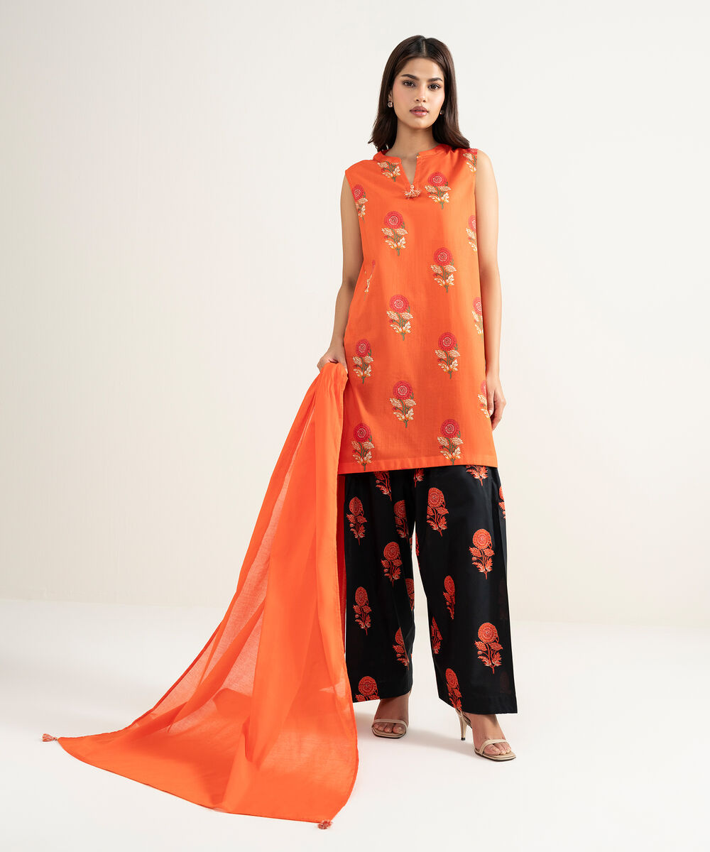 Women's RTW Lawn Printed Orange Straight Shirt