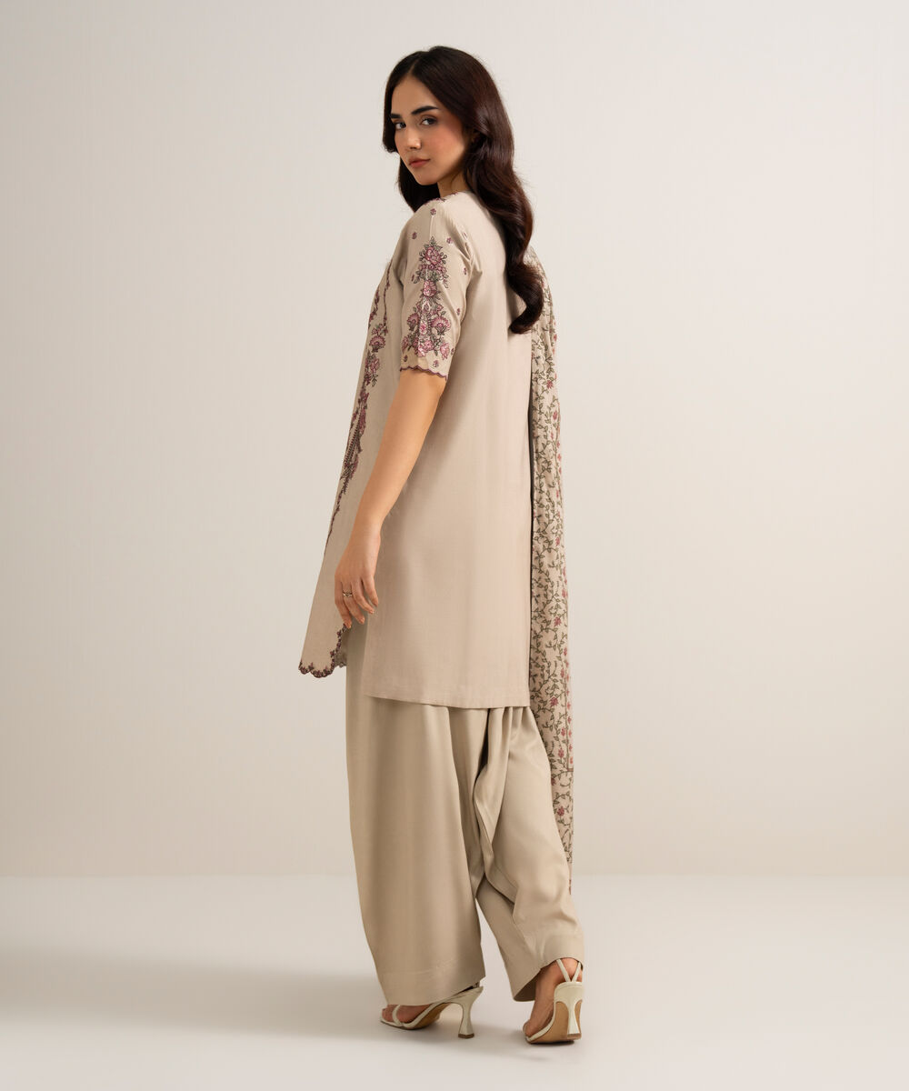 Women's Unstitched Embroidered Linen Beige 3 Piece Suit
