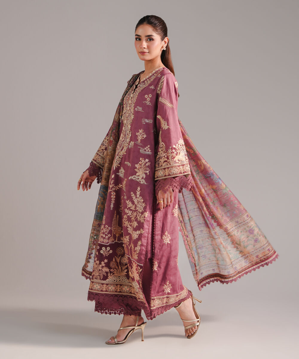 Women's RTW Self Jacquard Embroidered Muted Mauve 3 Piece Suit