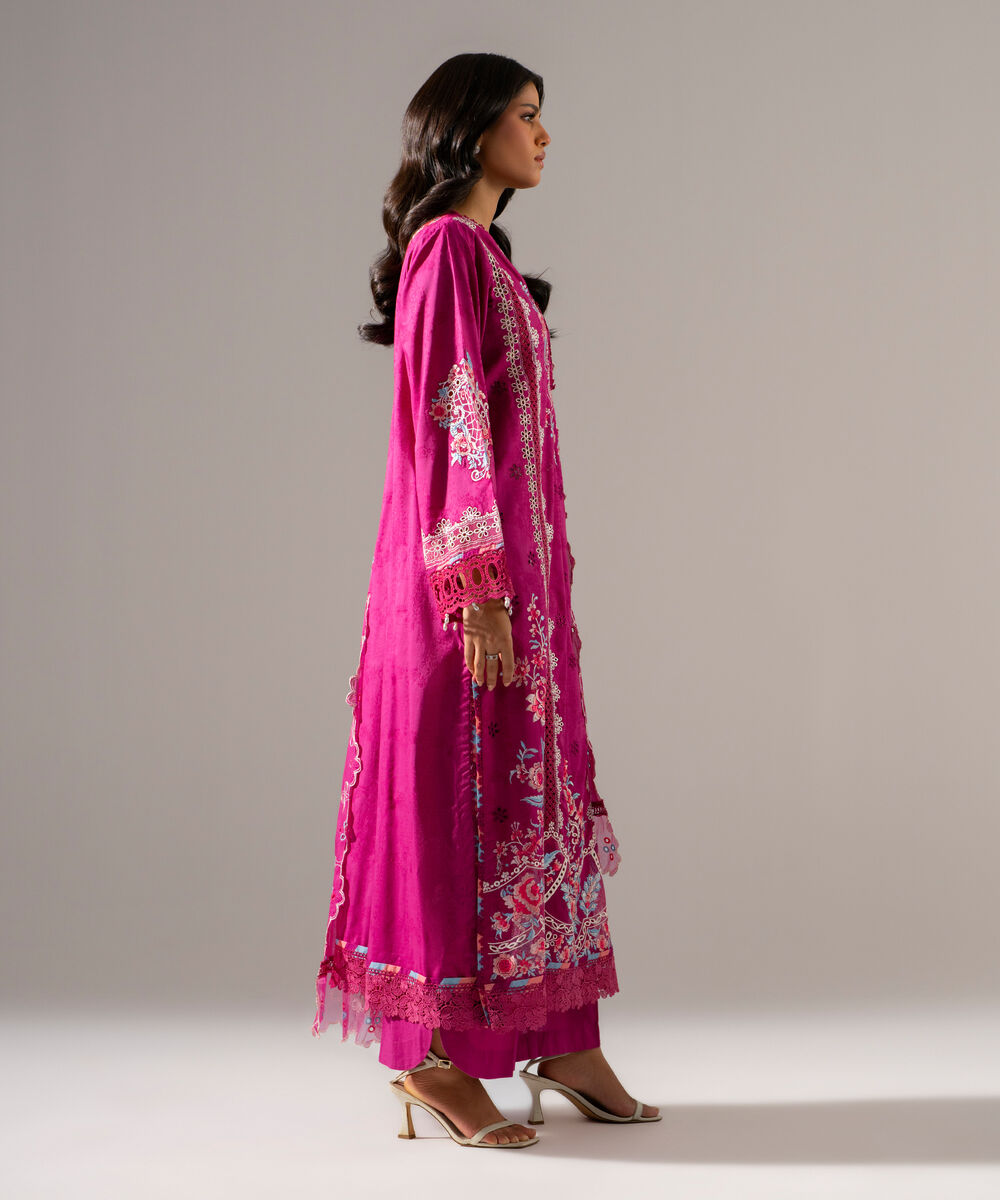 Women's RTW Self Jacquard Solid Embroidered Pink 3 Piece Suit