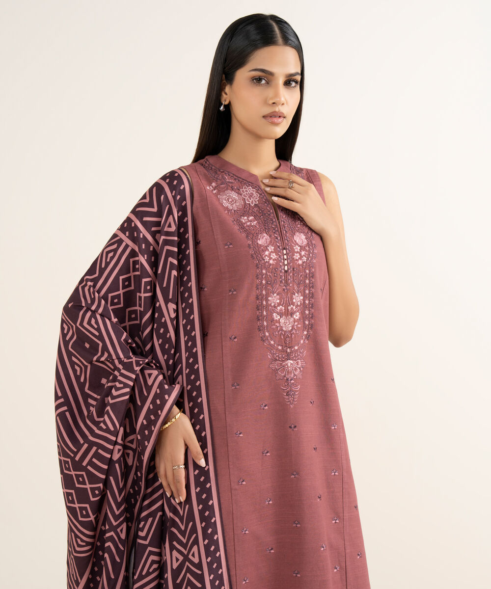 Women's Unstitched Khaddar Embroidered Pink 3 Piece Suit