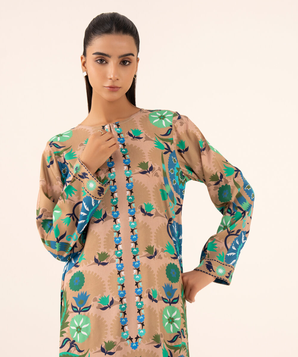 Women's RTW Arabic Lawn Peach Printed Drop Shoulder Shirt