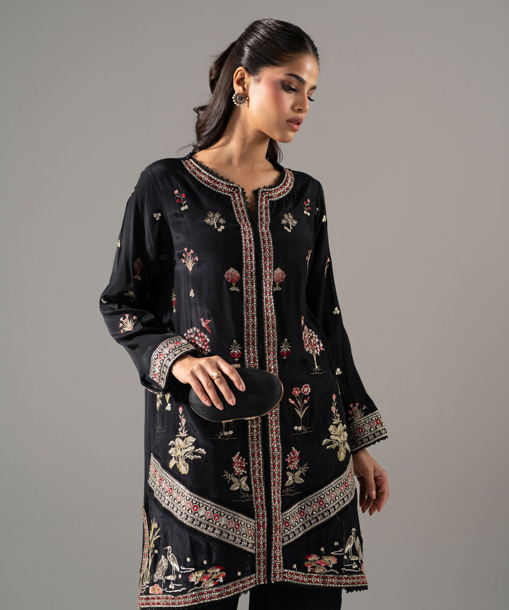Women's RTW Thai Silk Solid Embroidered Black 2 Piece Suit