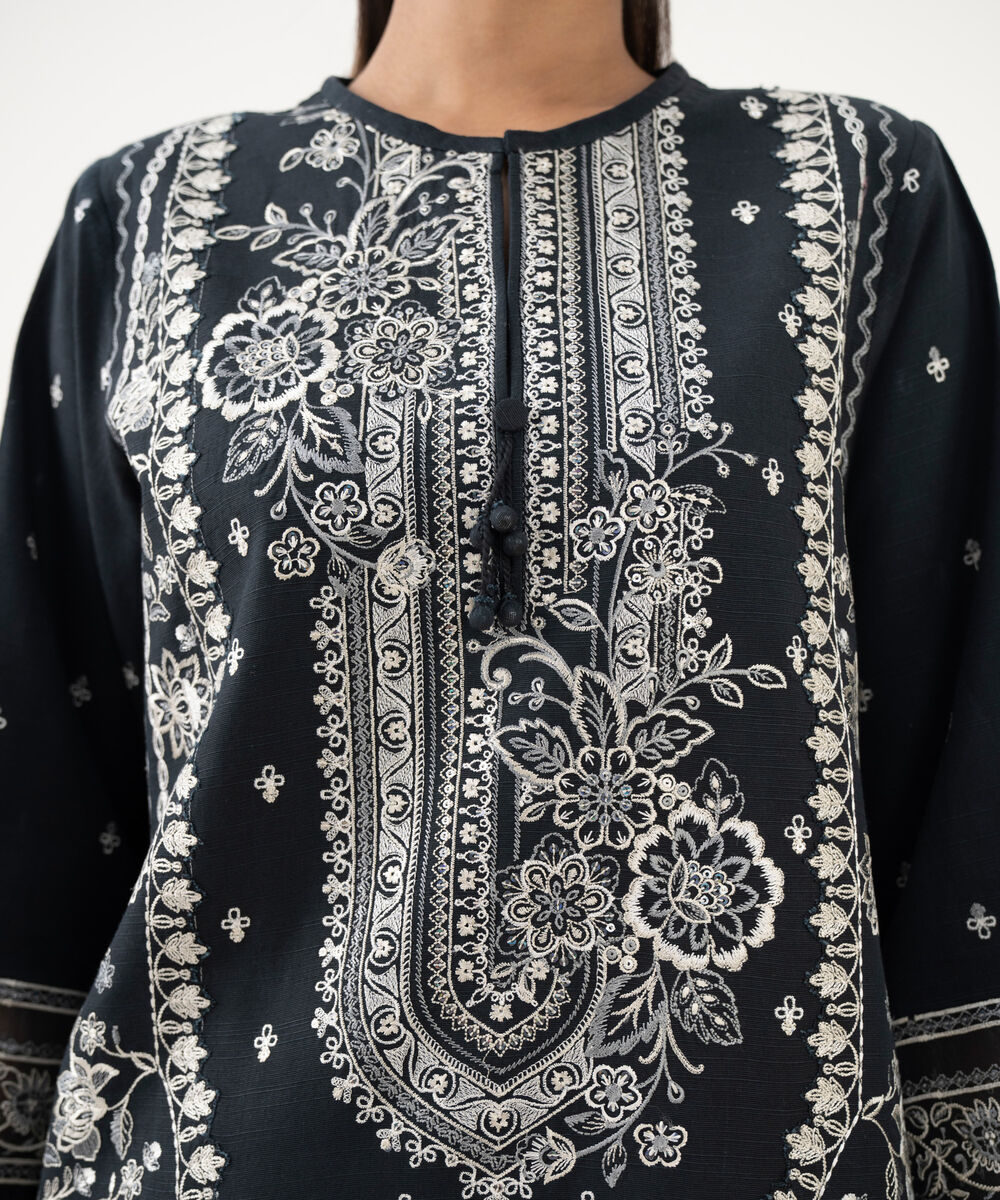 Women's Unstitched Light Khaddar Embroidered Black 3 Piece Suit