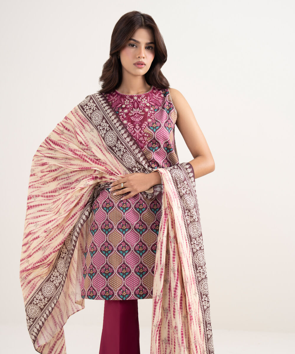 Women's Unstitched Lawn Pink Embroidered 3 Piece Suit