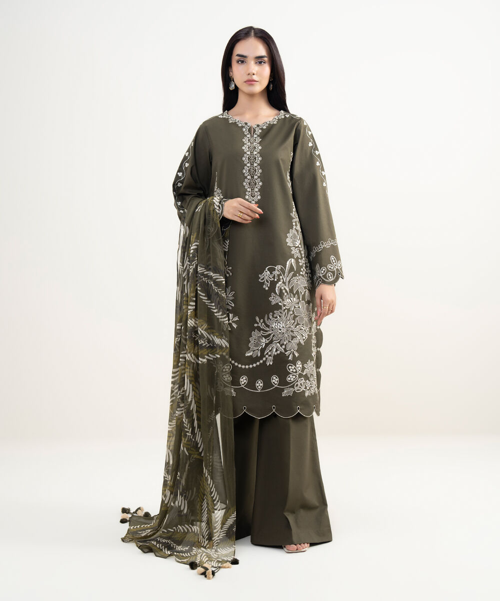 Women's Unstitched Textured Lawn Embroidered Green 3 Piece Suit