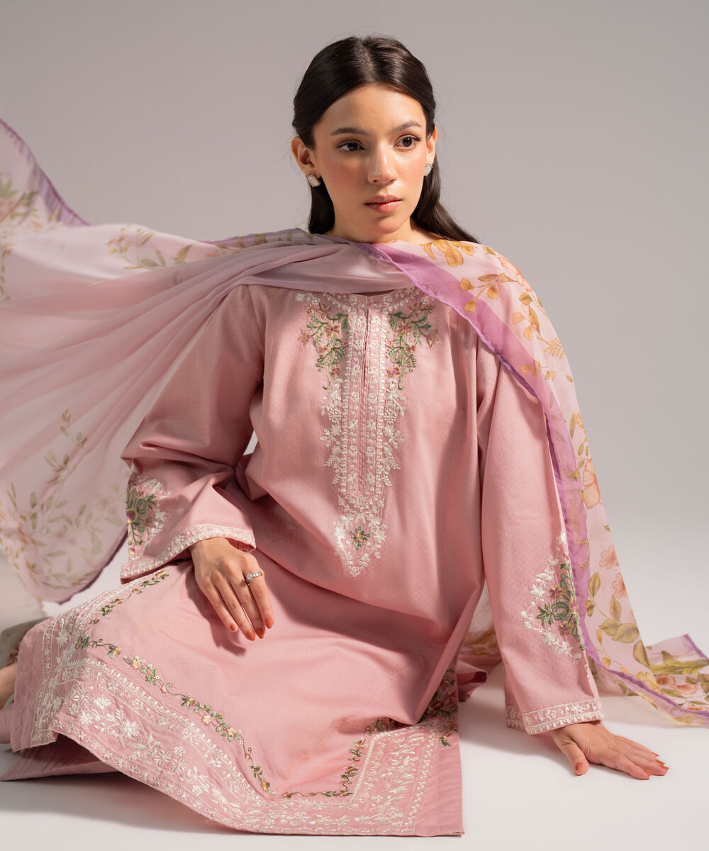 Women's RTW Dobby Embroidered Beige 3 Piece Suit