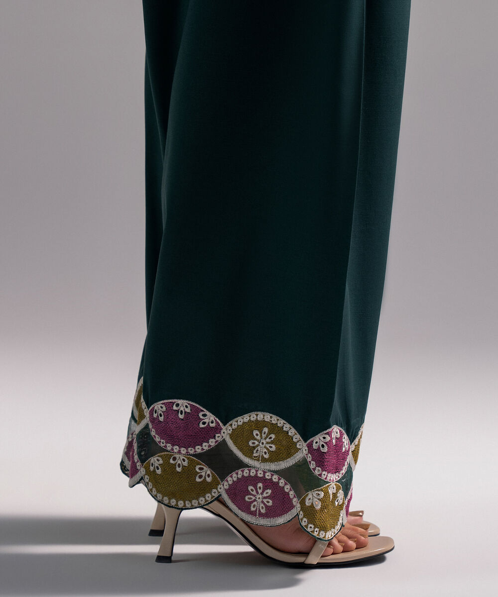 Women's RTW Slub Lawn Solid Dark Green Farshi Shalwar