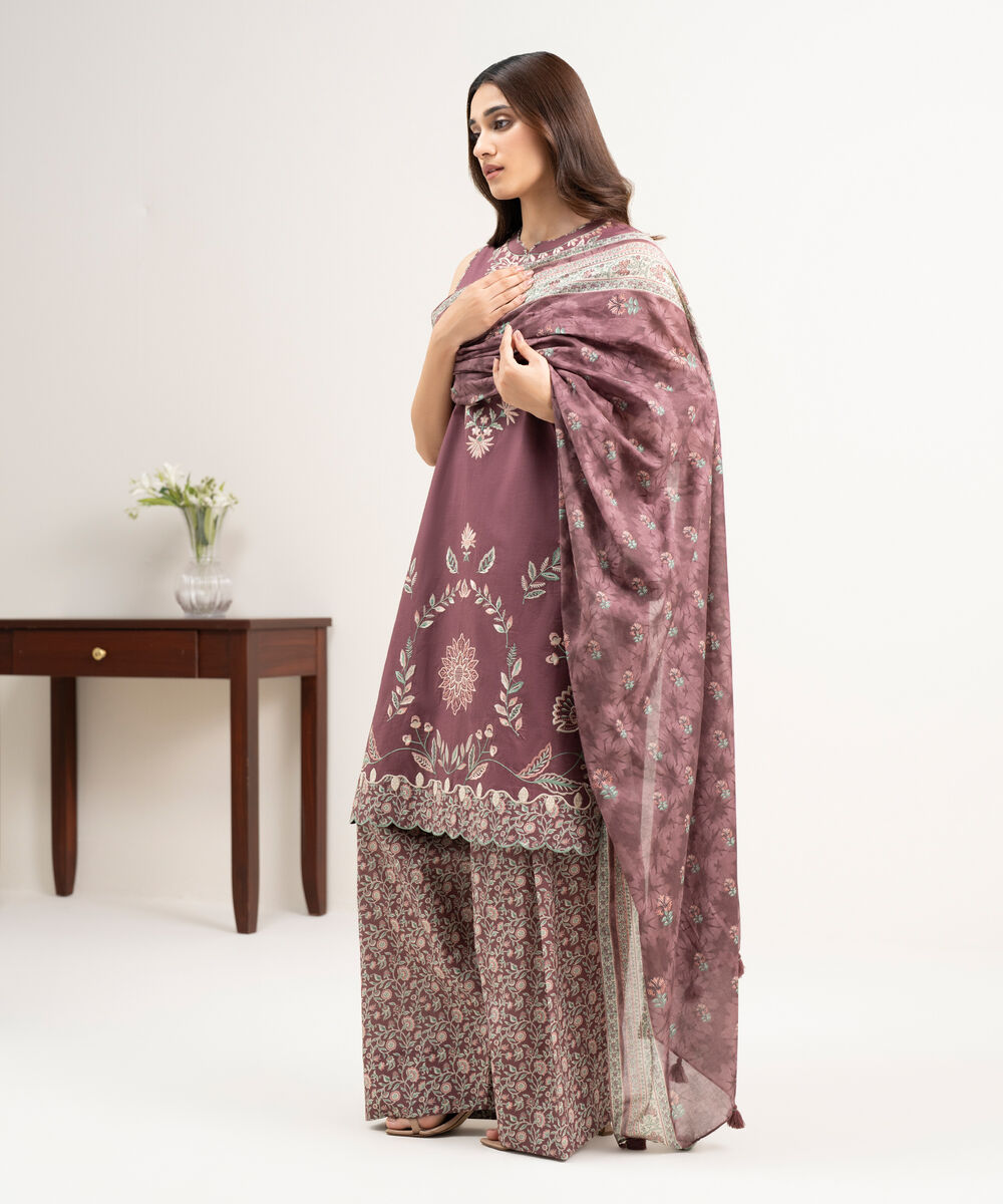 Women's Unstitched Textured Lawn Embroidered Pink 3 Piece Suit