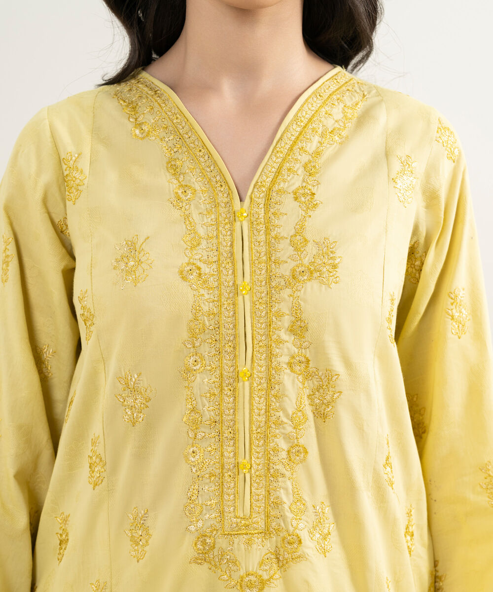 Women's RTW Self Jacquard Embroidered Yellow A-Line Shirt
