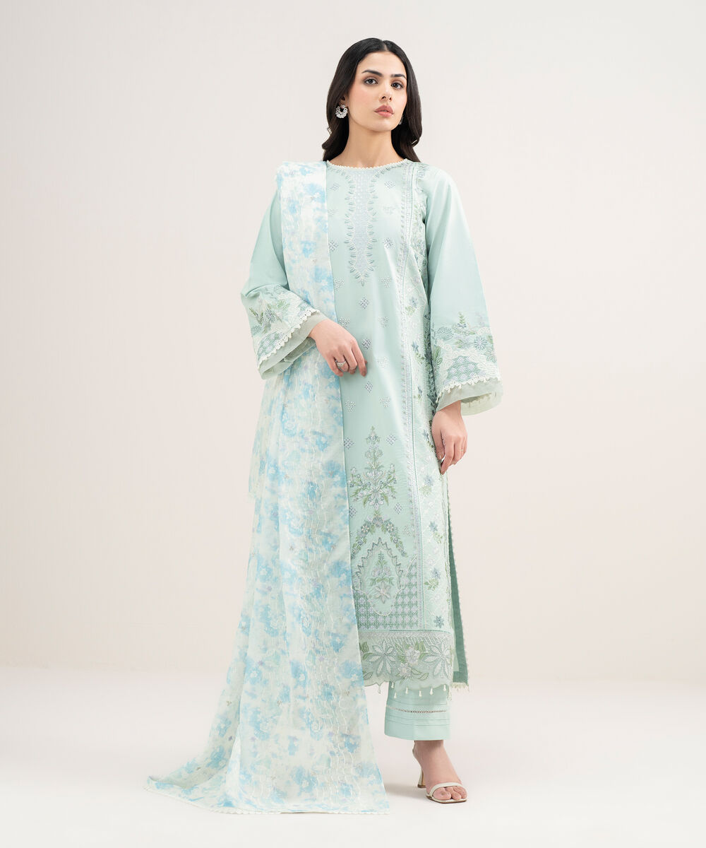 Women's Unstitched Lawn Embroidered Aqua 3 Piece Suit