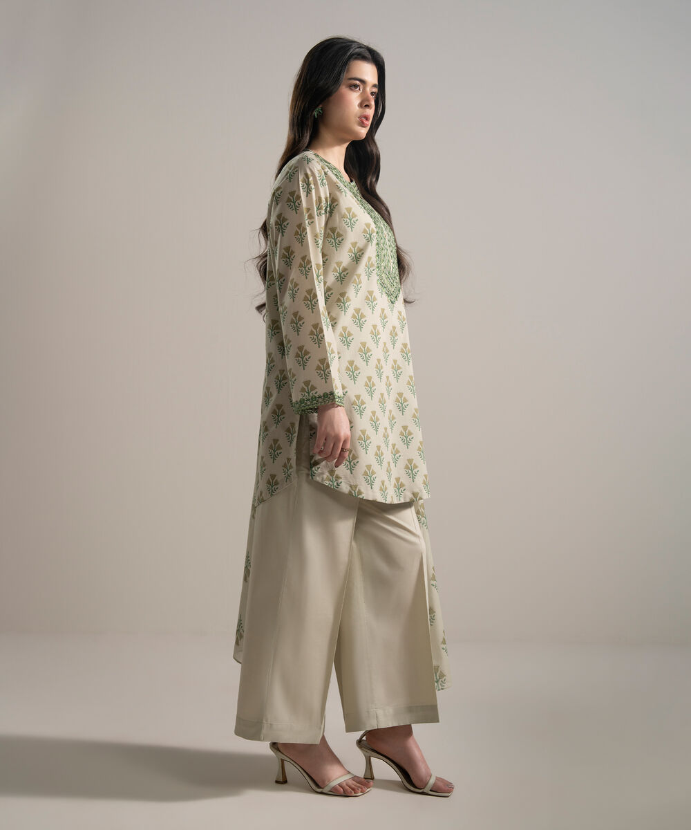 Women's RTW Cambric Embroidered Beige 3 Piece Suit