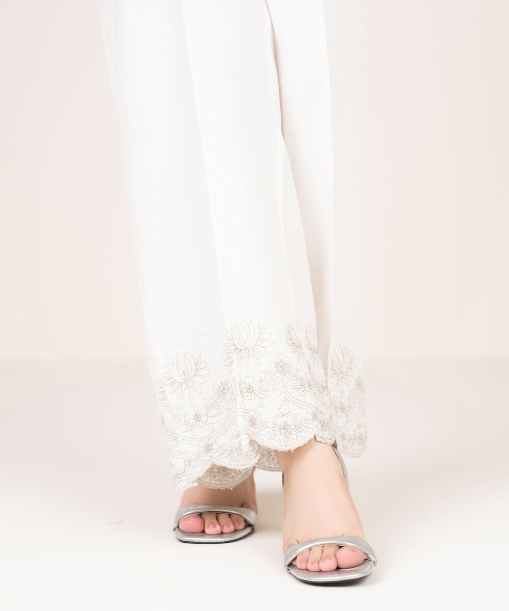 Women's RTW Cotton Viscose Embroidered White Culottes