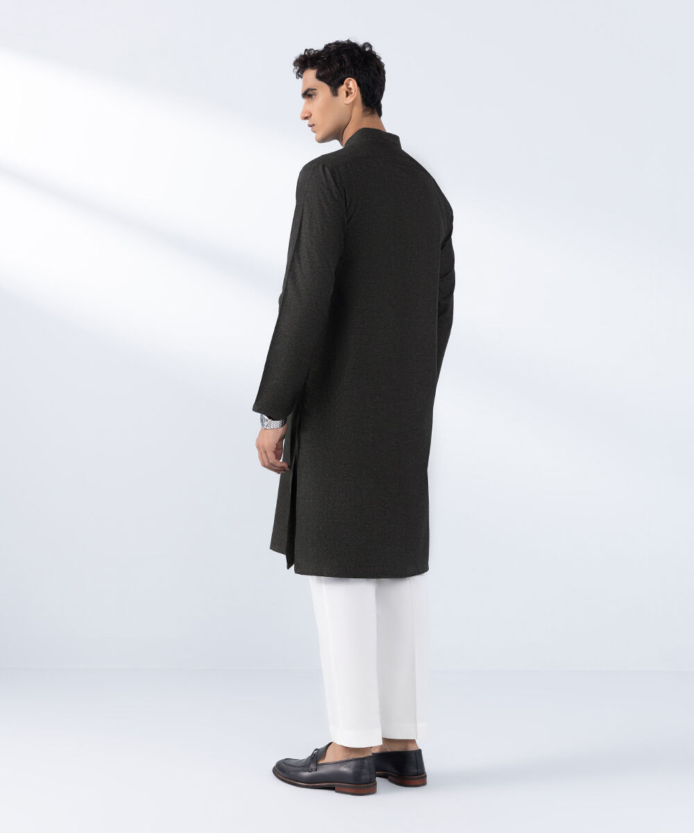 Men's Stitched  Embroidered Olive Wash & Wear Kurta