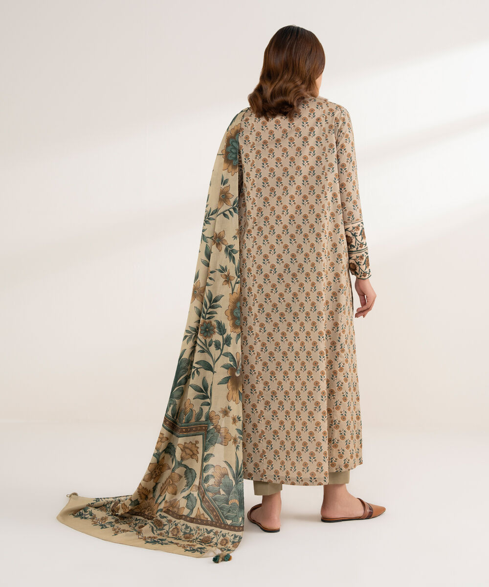 Women's Unstitched Lawn Printed Beige 3 Piece Suit