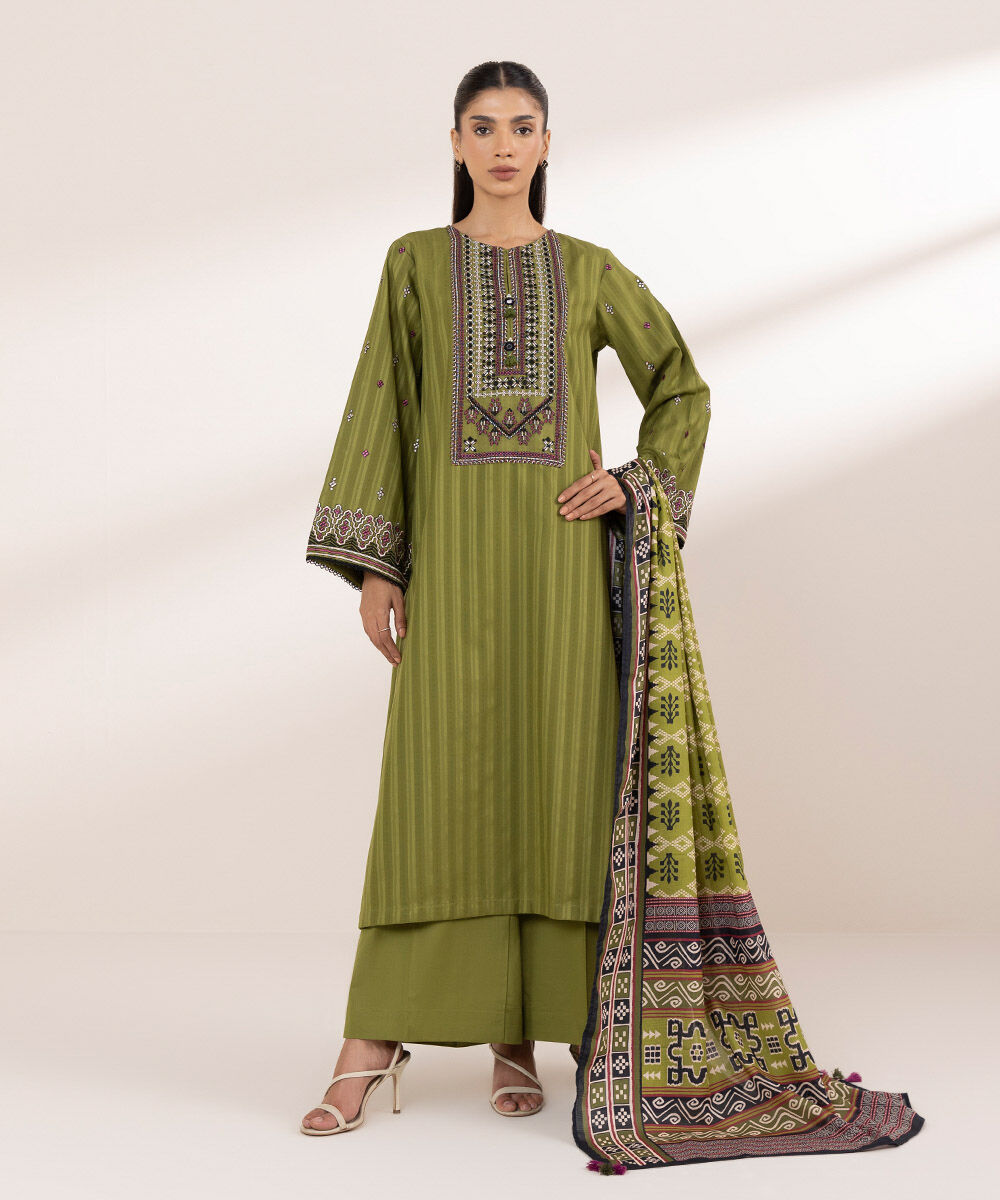 Women's RTW Textured Cotton Green Embroidered A-Line Shirt