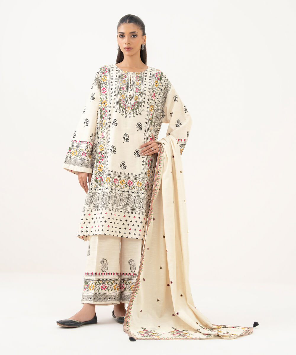 Textured Voile Embroidered Off White Dupatta