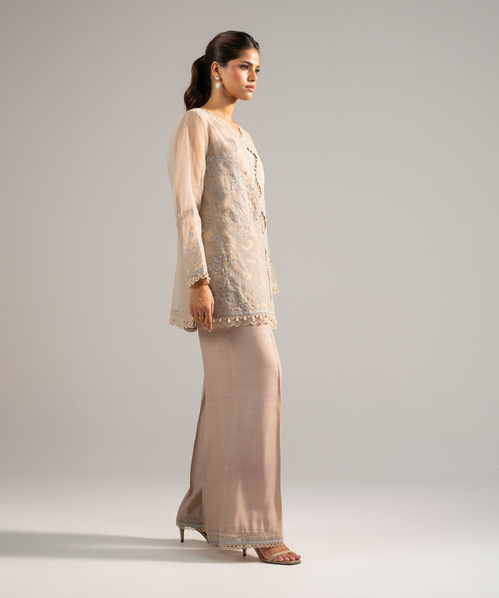 Women's RTW Organza Embroidered Beige 2 Piece Suit