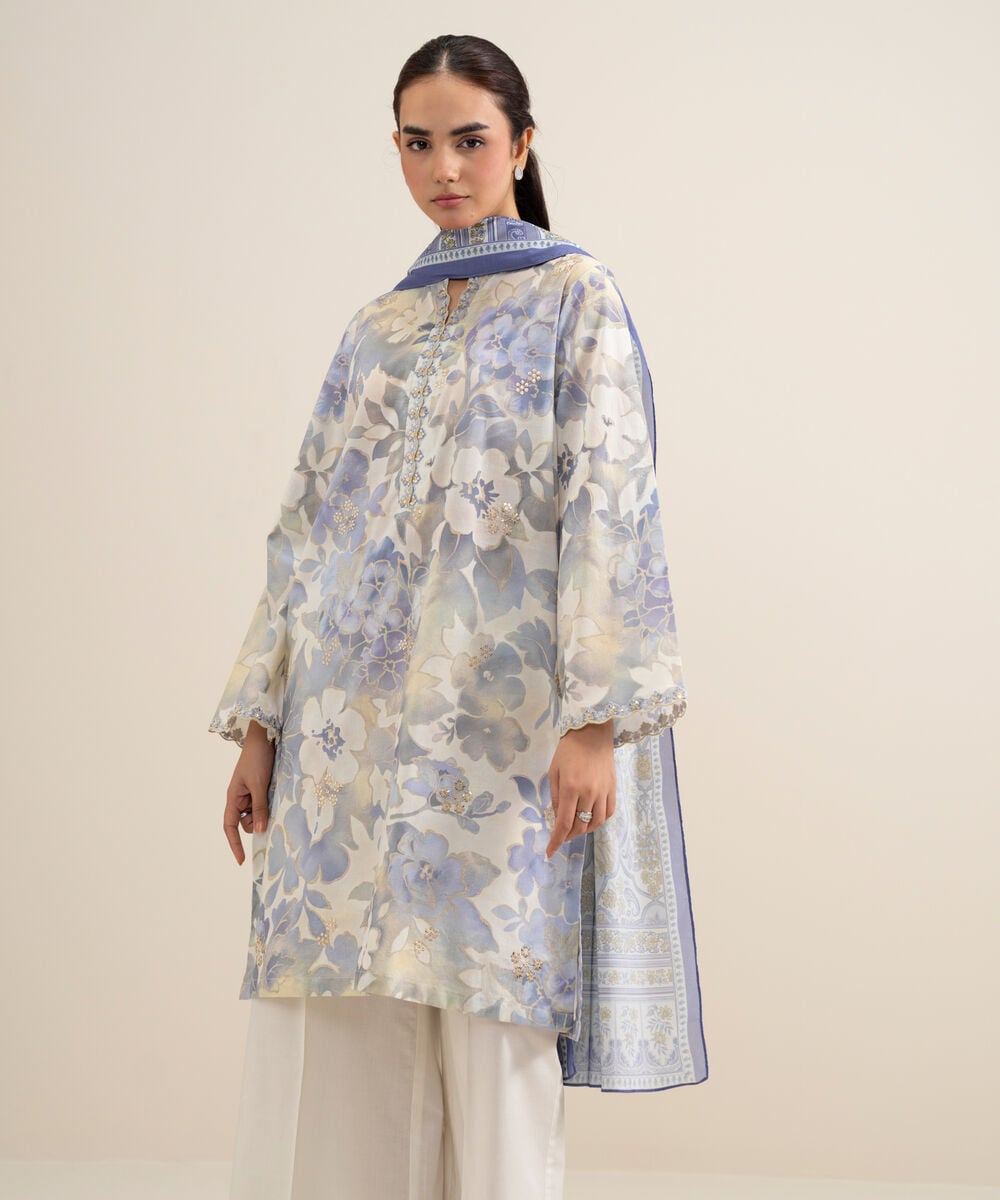 Women's Unstitched Lawn Embroidered Tea Pink and Off White 3 Piece Suit