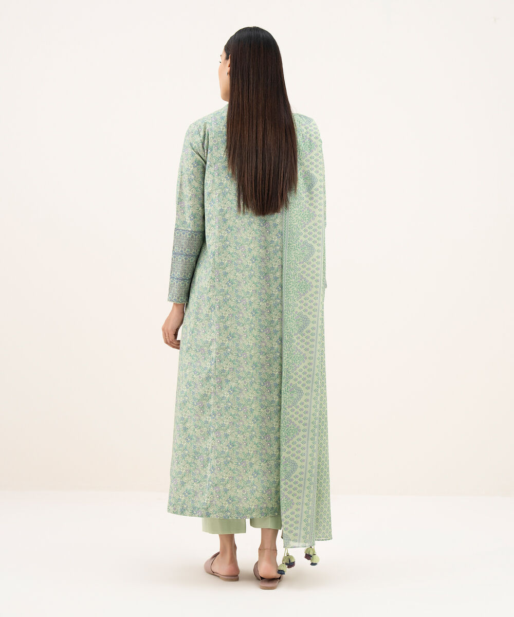 Women's Unstitched Cotton Printed Green 3 Piece Suit