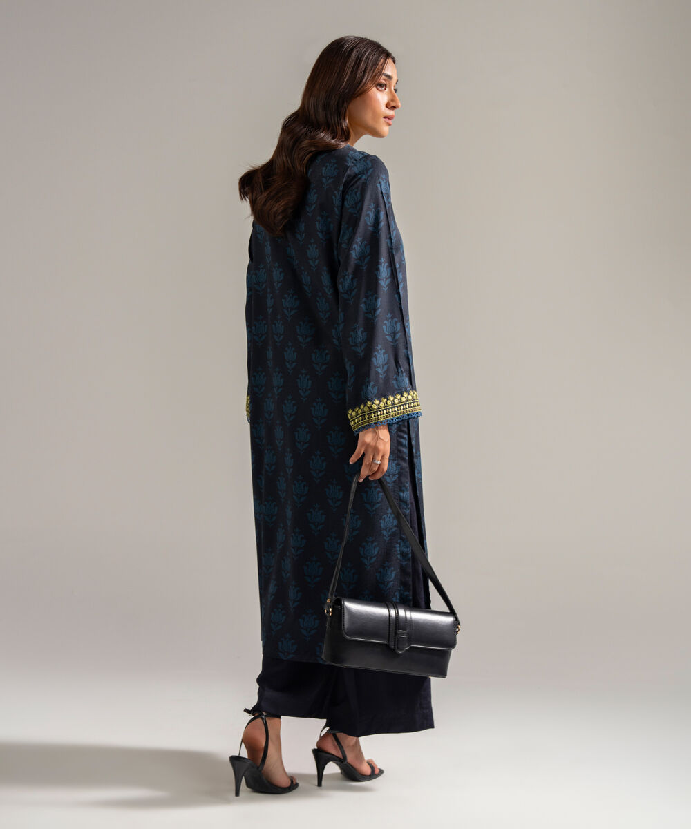 Women's RTW Self Jacquard Embroidered Black 2 Piece Suit