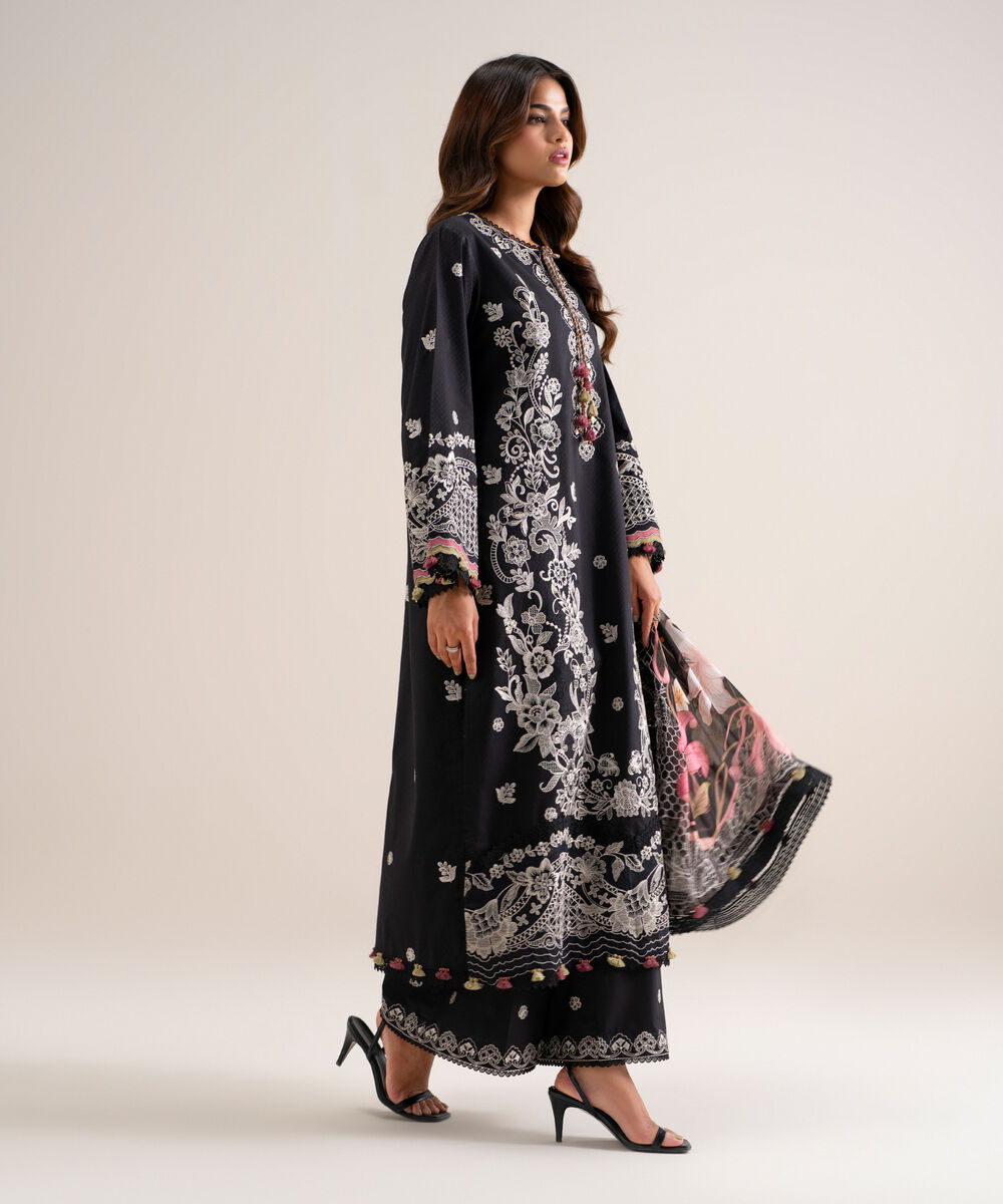 Women's Unstitched Embroidered Dobby Black 3 Piece Suit