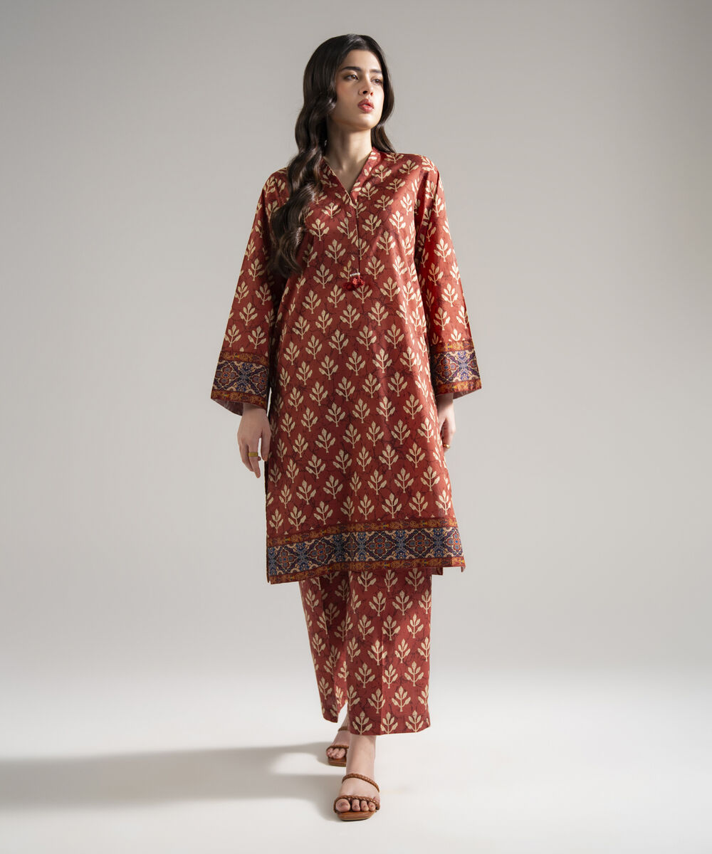Women's RTW Lawn Printed Rust 2 Piece Suit