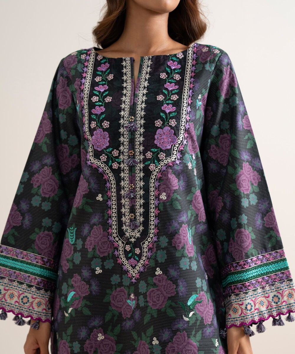 Women's Unstitched Zari Cotton Embroidered Black 3 Piece Suit
