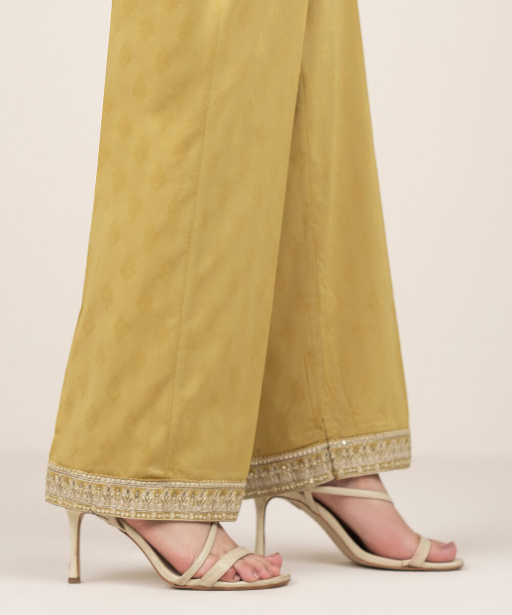 Women's RTW Self Jacquard Leno Embroidered Yellow Straight Pants