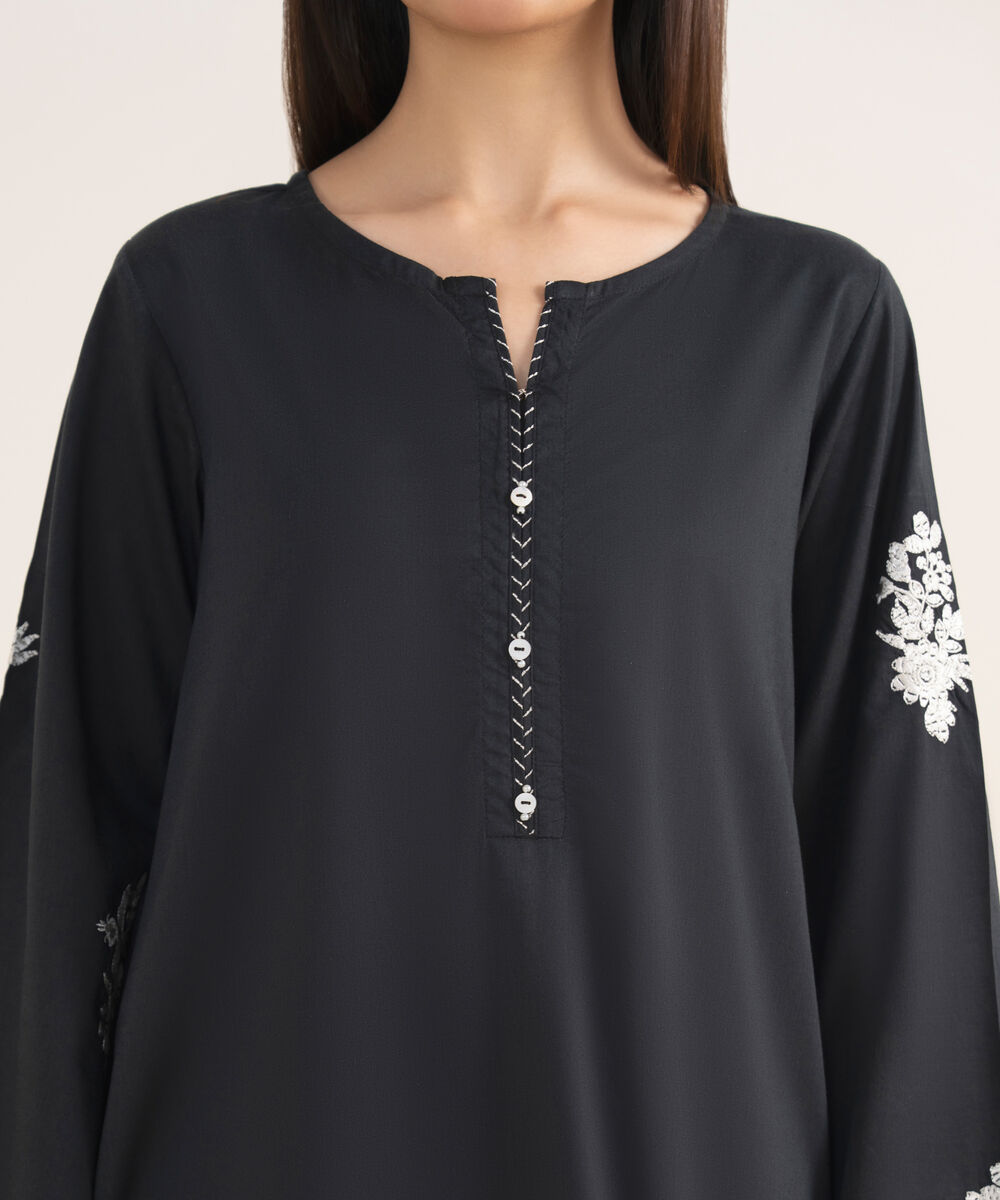 Women's RTW Lawn Viscose Black Embroidered Straight Shirt