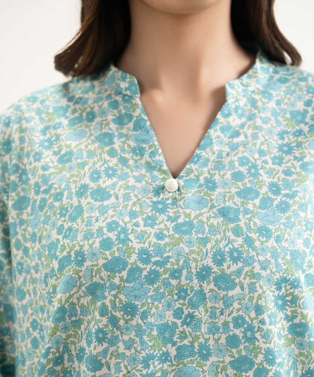 Women's RTW Cotton Viscose Printed Blue Straight Shirt