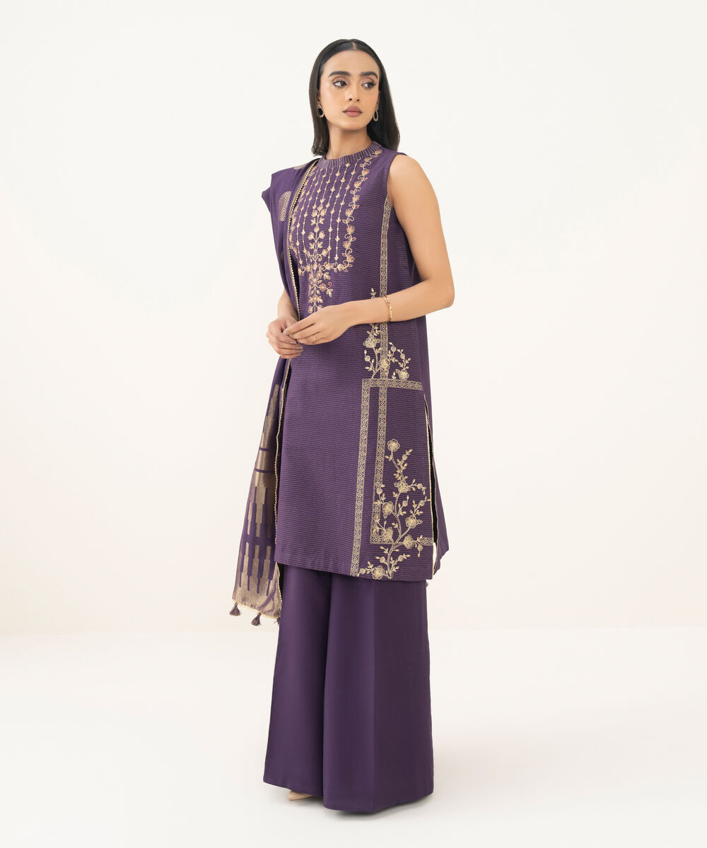 Women's Unstitched Embroidered Zari Khaddar Purple and Off White 3 Piece Suit