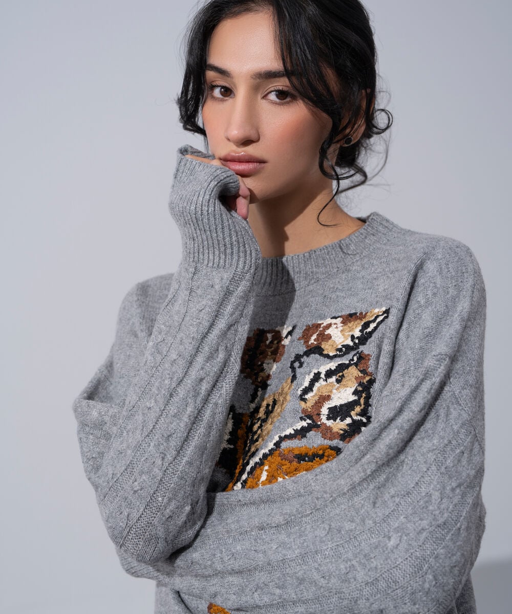 Women's Western Wear Grey Embroidered Knit Jumper