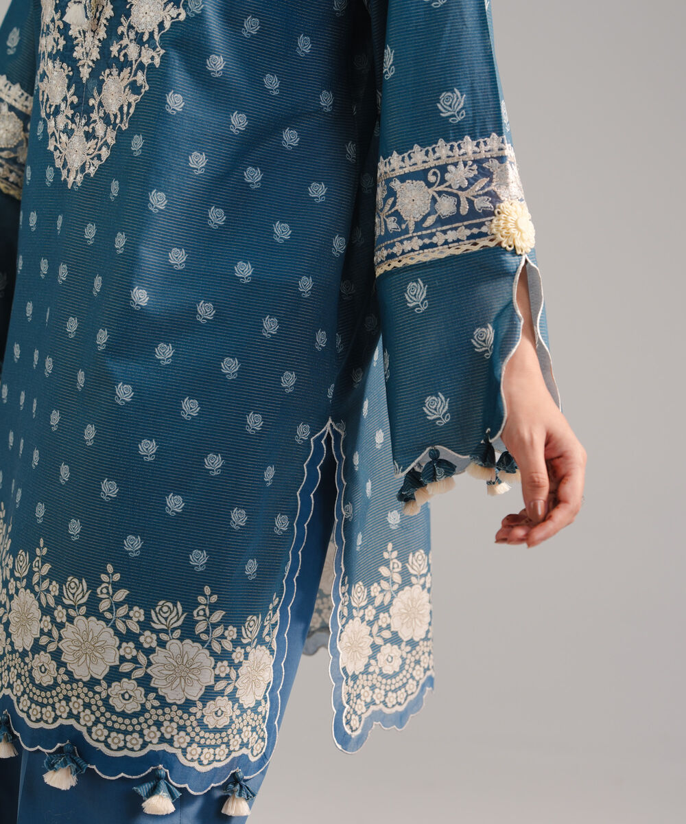 Women's RTW Zari Lawn Embroidered Blue 3 Piece Suit