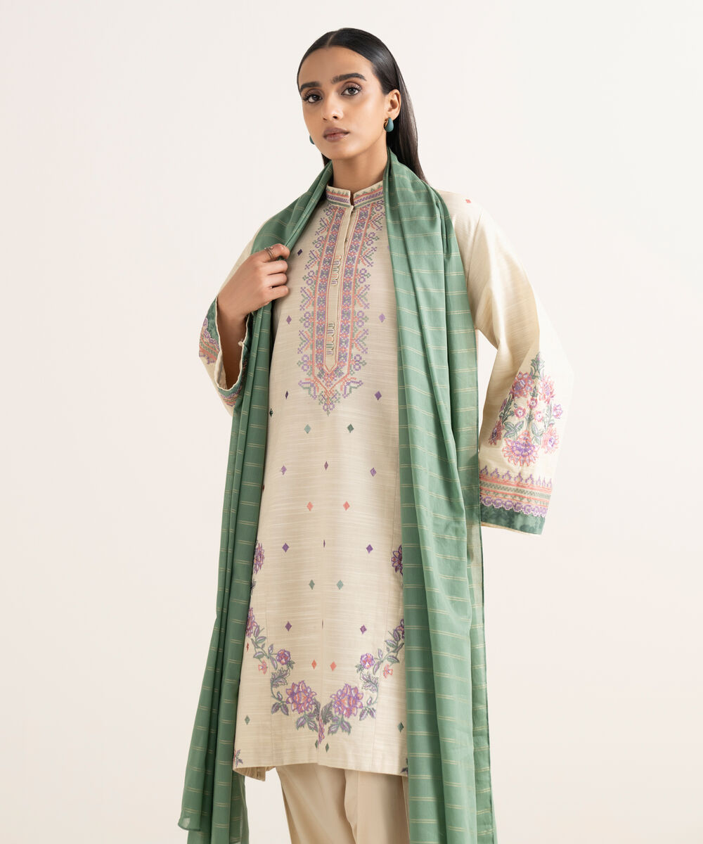 Women's Unstitched Cotton Embroidered Off White 3 Piece Suit