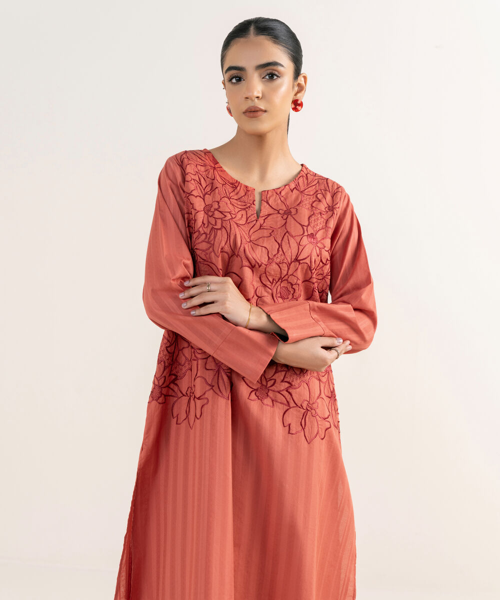 Women's RTW Textured Lawn Coral Embroidered A-Line Shirt