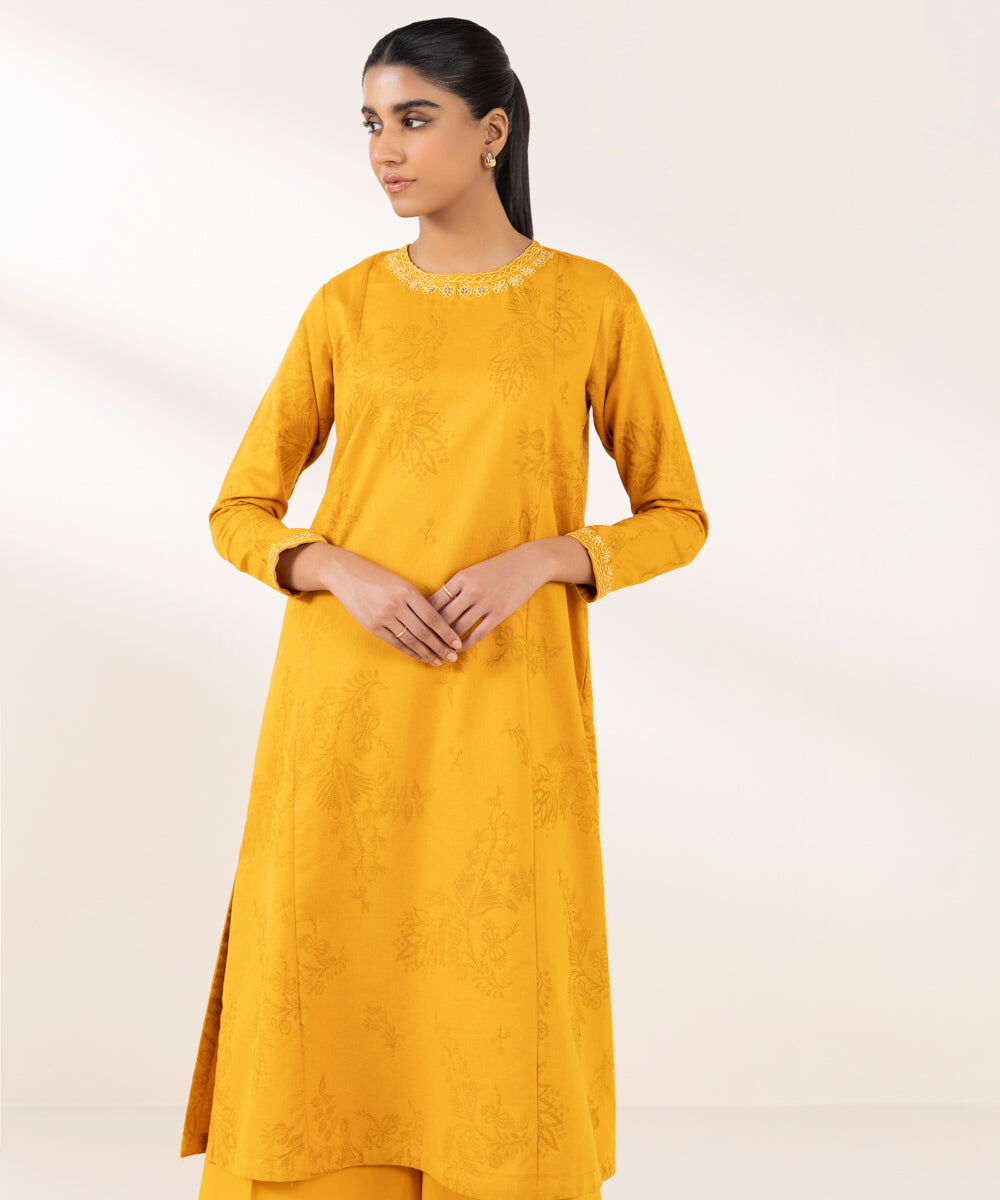 Woman - Yellow Embroidered Cotton Jacquard Shirt