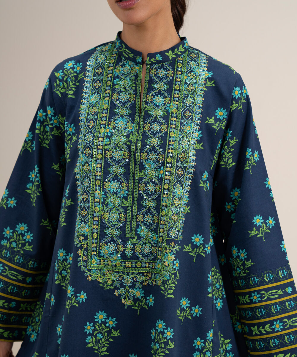 Women's Unstitched Lawn Embroidered Navy Blue 2 Piece Suit